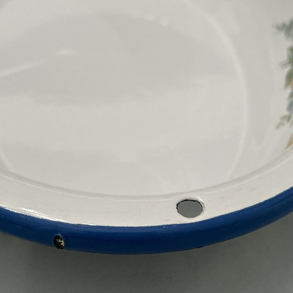Vtg Enamelware Floral Print Rose Cinsa Brand Saltillo Mexico Oval Blue Trim - Picture 5 of 14